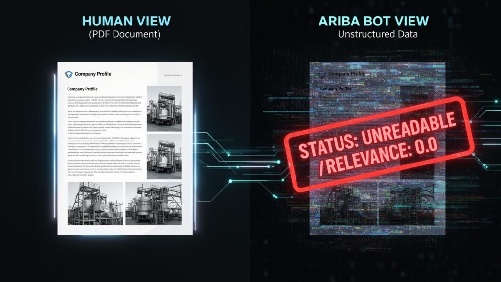 The Invisible Barrier: What humans see as a professional PDF, procurement bots see as unstructured noise with a relevance score of 0.0.